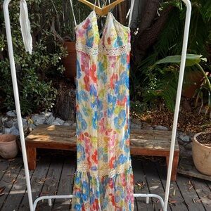 Vintage Sue Wong 100% Silk Floral Maxi Dress with Lace Trim